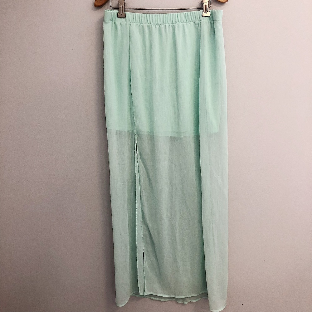 Express Maxi Skirt Mint Aqua Sheer Slit Long SMALL